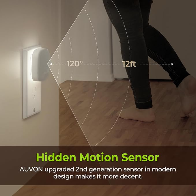 AUVON Plug-in LED Backlit Night Light with Motion Sensor & Dusk to Dawn Sensor, Dimmable Cool White Nightlight with 1-50 lm Adjustable Brightness for Bedroom, Bathroom, Stairs, Hallway (4 Pack)