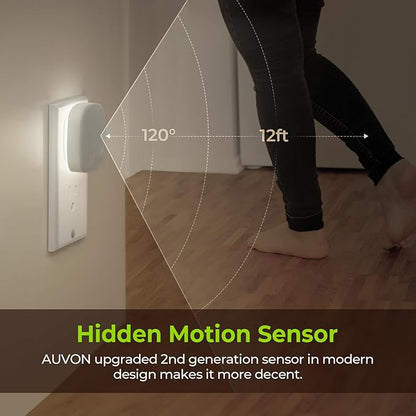 AUVON Plug-in LED Backlit Night Light with Motion Sensor & Dusk to Dawn Sensor, Dimmable Cool White Nightlight with 1-50 lm Adjustable Brightness for Bedroom, Bathroom, Stairs, Hallway (4 Pack)