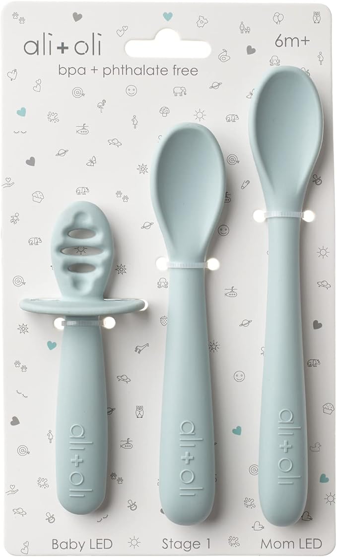 Ali+Oli (3pc) Silicone Spoon Set for Baby (Blue) Unbreakable Baby Spoons, Self Feeding Utensils, Multi-stage Design, Ergonomic Handle