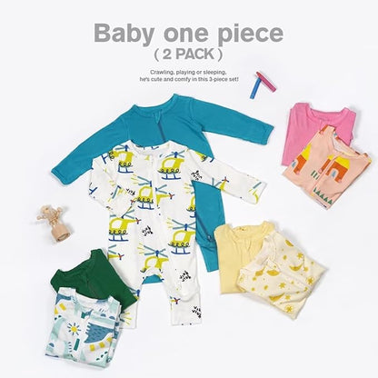Teach Leanbh Baby Boys Girls 2 Pack Bamboo Viscose Pajamas with Mitten Cuffs 2 Way Zipper Long Sleeve Romper Sleep and Play