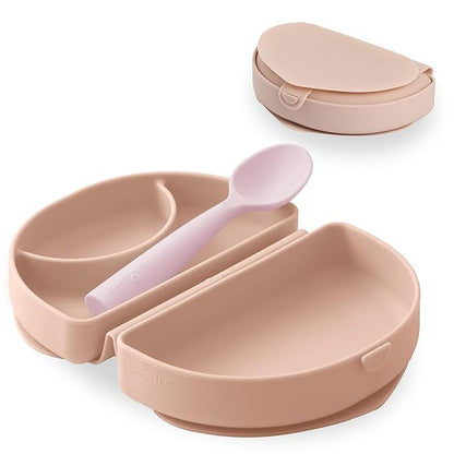 Miniware Fold & Scoop Baby Feeding Set - Silicone Travel Baby Plate With Suction & Baby Spoon - Compact, Portable, Dishwasher-Safe, Suction Base for Mess-Free Eating (Pink Salt and Cotton Candy)