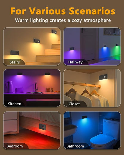 WILLED Stair Lights Indoor Rechargeable,RGB & Warm White Color Changing Night Light,Wireless Motion Sensor Lights Indoor for Stair,Bathroom,Hallway,Kitchen,Closet,Cabinet,Bedroom,Kids' Room