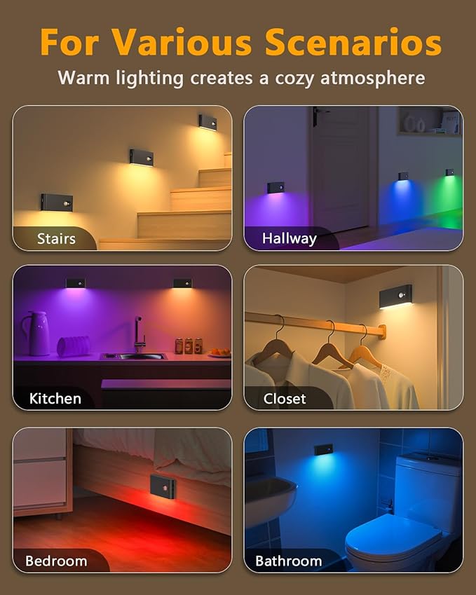 WILLED Rechargeable Motion Sensor Night Light,Stair Lights Indoor RGB & Warm White,Wireless Motion Sensor Lights Indoor for Stair,Bathroom,Hallway,Kitchen,Closet,Cabinet,Bedroom,Kids' Room