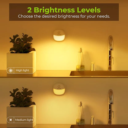 AUVON Rechargeable Battery Night Light, Mini with Motion Sensor, Warm White LED Stick-On Closet Light with Dusk to Dawn Sensor, Adjustable Brightness for Wall, Stairs, Hallway, Cabinet (2 Pack)