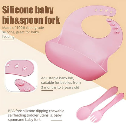 Silicone Baby Feeding Set,Miicasa Baby Led Weaning Supplies Kit With Suction Bowl & Car Plate, Bib, Spoon, Fork, Cup - Food-Grade Silicone, Dishwasher-Safe, No BPAs - For 3+ Months