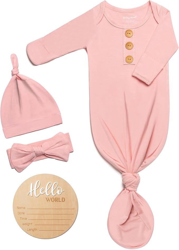 Soft Baby Knot Gown 0-3 Months, Newborn Announcement Sleepers With Mitten Cuffs and Personalized Wooden Name Tag