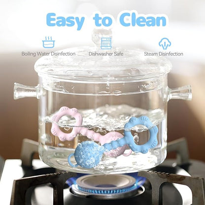 Teethers for Babies 6-12 Months, Rattles for Babies 0-6 Months, 2-in-1 Rattle and Teether Toy for Soothing Sore Gums and Keeps Little Ones Entertained, Food Grade Silicone, Blue