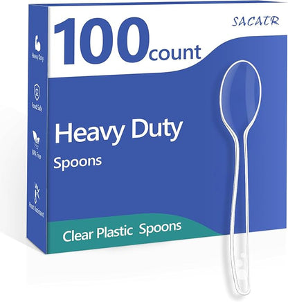 SACATR 100 Count Plastic Spoons,Heavy Plastic Silverware,Premium Disposable Spoons, BPA-Free, Heat Resistant, Suitable for Parties, Events and Everyday Use