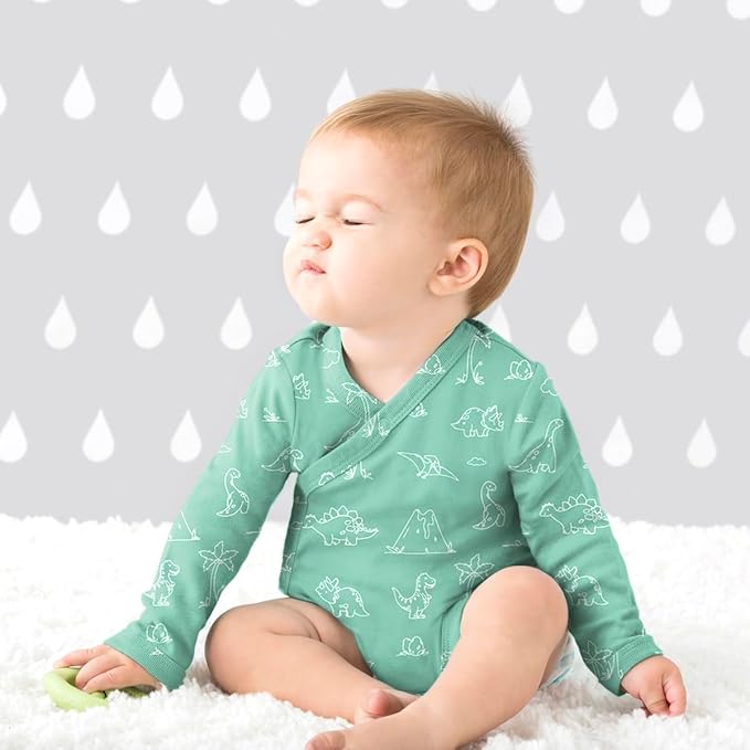 Babysoy Organic Baby Newborn Long Sleeve Pattern Kimono Wrap Around Side Snap Bodysuit/Onesie for Unisex Infants