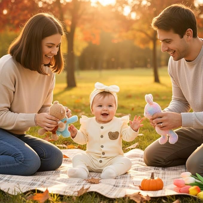 Newborn Baby Girl Cute Bear Ruffle Long Sleeve Jumpsuit Ribbed Bodysuit One-Piece Button Romper with Headband 0-18M