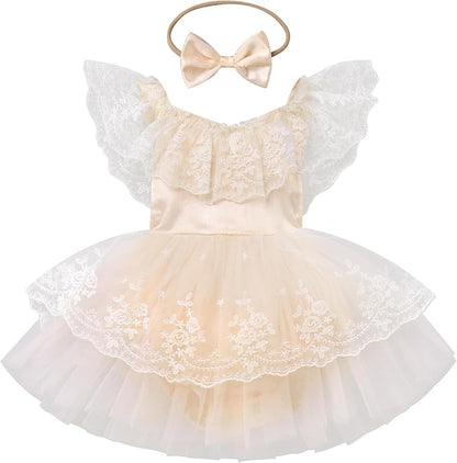 FYMNSI Infant Baby Girl 1st Birthday Outfit Floral Lace Tulle Romper Tutu Dress Headband 2PCS Bodysuit Princess Summer Clothe