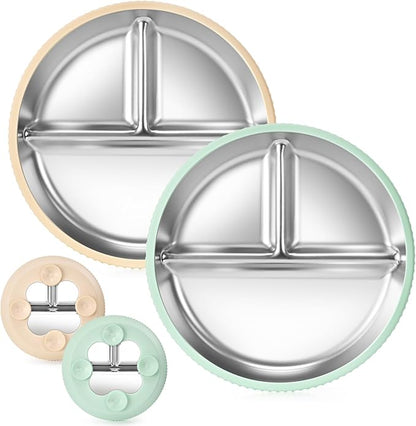 2-Pack Stainless Steel Kids’ Plates with Suction Bases, 8.26" Divided Toddler Plates with Removable Silicone Sleeves, Non-Slip, BPA-Free, Dishwasher Safe (Green & Beige)