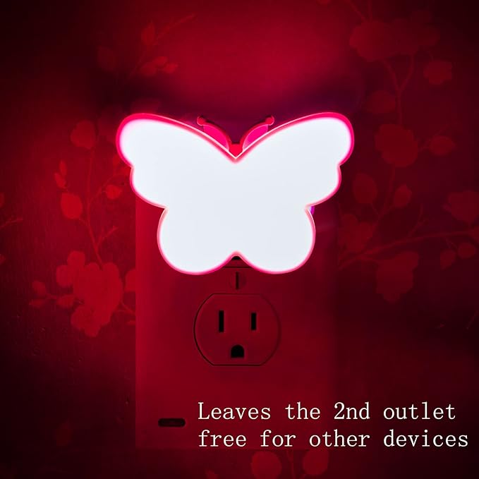 2pcs Butterfly LED Plug in Night Light for Kids, Night Light Lamp Plug into Wall with Smart Dusk to Dawn Sensor, Idea for Baby Room, Bedroom, Bathroom, Hallway, Stairs, Kitchen(Pink Light)