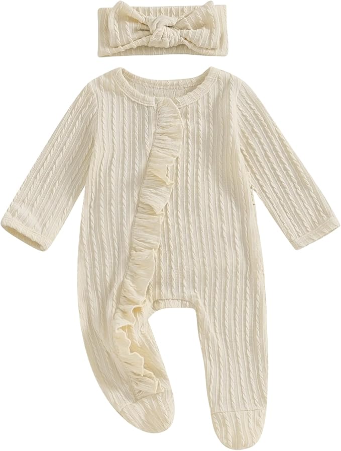 Newborn Baby Girl Fall Winter Outfits Clothes Knit Jumpsuit Ruffle Romper Newborn Coming Home Outfit for Baby Girl