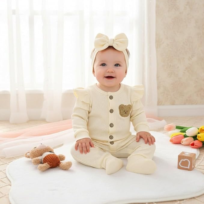 Newborn Baby Girl Cute Bear Ruffle Long Sleeve Jumpsuit Ribbed Bodysuit One-Piece Button Romper with Headband 0-18M