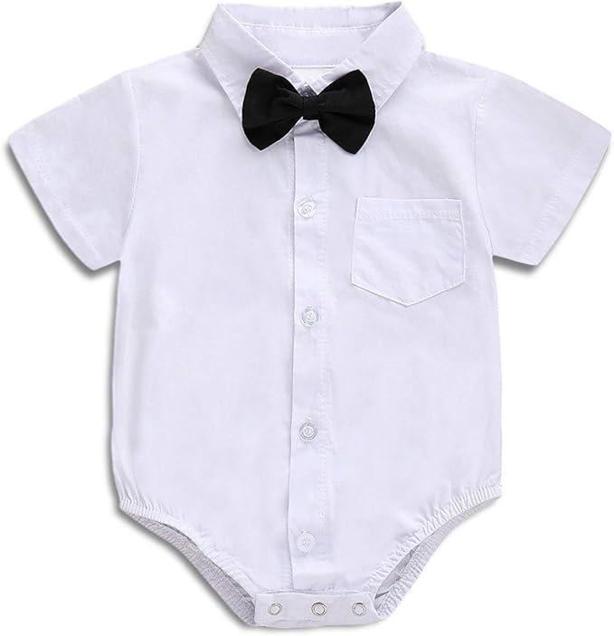 SOBOWO Baby Boys Dress Shirt Onsie Infant Short Sleeve Button Down One-Piece Romper Formal Wedding Gentleman Outfits 0-24M