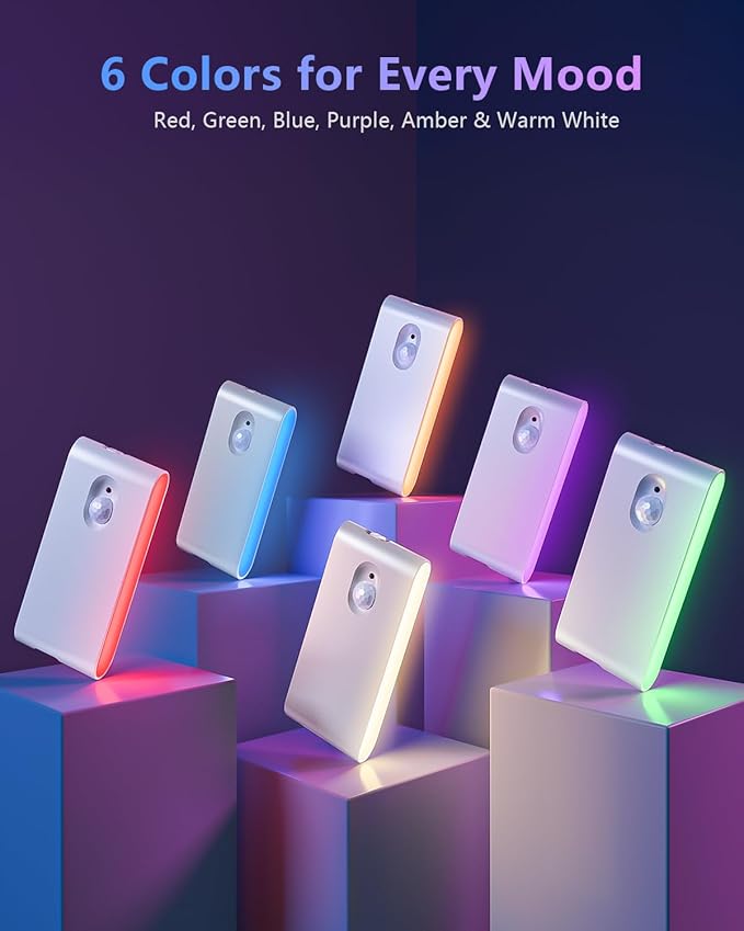 WILLED Stair Lights Indoor, RGB & Warm White Motion Sensor Night Light, Color Changing Motion Sensor Light Indoor, Rechargeable Night Light for Stair,Hallway,Bathroom,Cabinet,Closet,Kitchen,6 Pack