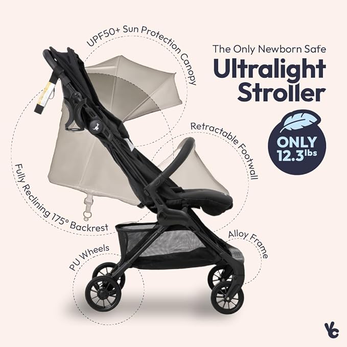 BabbleRoo Hoplite Compact Stroller – Lightweight Travel Stroller for Airplane (12.3 lbs), Newborn to 55 lbs, Easy Fold, PU Wheels, Alloy Frame, Near-Flat Recline, Raincover, Cup Holder, Baby Stroller