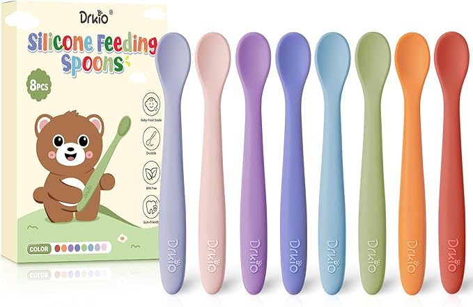 DRKIO 8-Piece Silicone Baby Spoons - Infant Spoons First Stage Self Feeding Baby Led Weaning Supplies Toddler Training Utensils Soft Chewable-Tip Bendable BPA-Free Dishwasher Safe Boil-proof