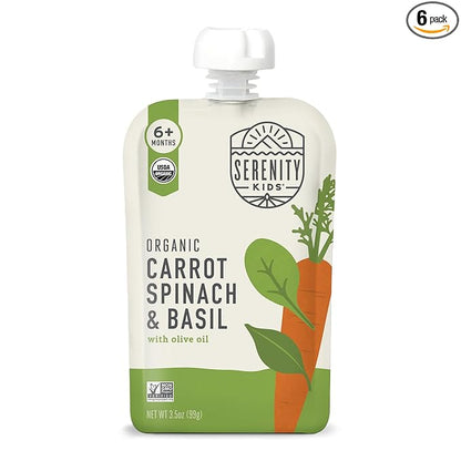 Serenity Kids 6+ Month Veggie Puree Baby Food Pouches - Carrot, Spinach & Basil - USDA Organic Baby Food - No Added Sugar Snack Pouch - On-the-Go Toddler Snacks - 3.5 Oz, 6 Pack