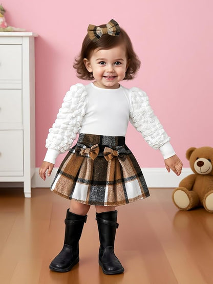 Toddler Baby Girl Plaid Dress Puff Sleeve Bow Patchwork Ribbed Shirts Dress Plaid Fall Winter Outfits with Headband