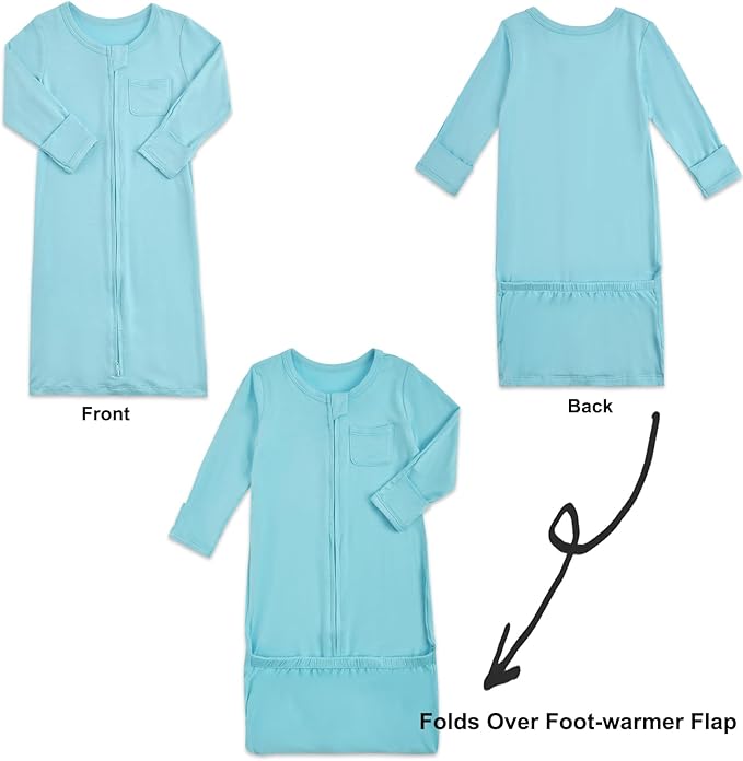 Aablexema Baby Nightgowns Rayon of Bamboo, 2Pcs Newborn Sleeper Gown with 2-way Zipper, Flip Mittens & Foot Cover