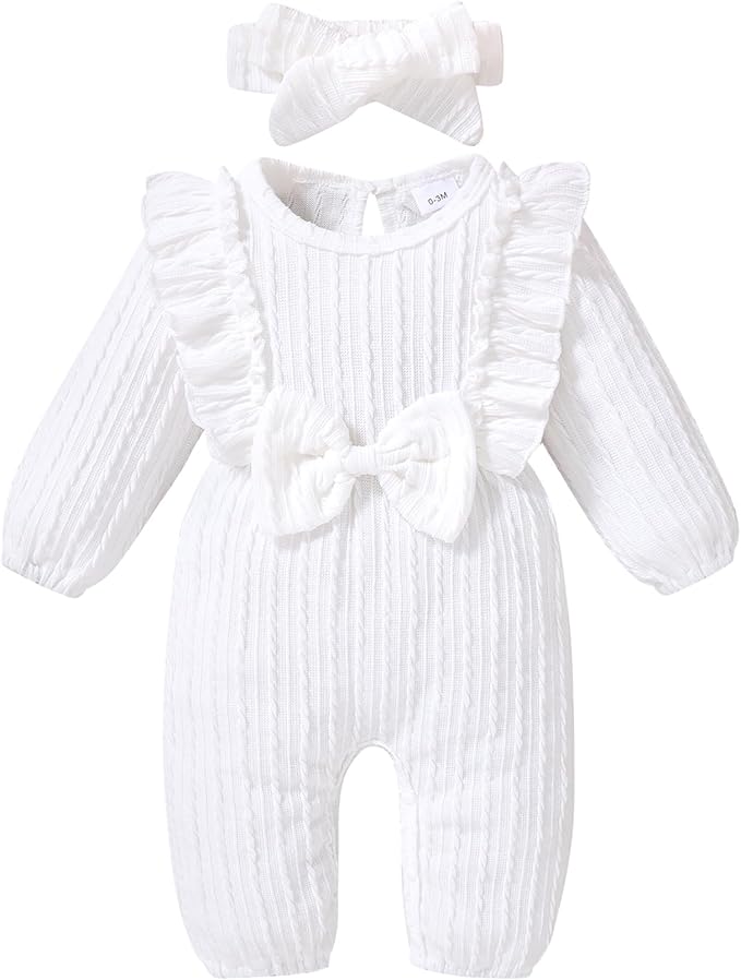 Happy Town Baby Girl Romper Infant Fall Winter Clothes Ruffle Sweater Long Sleeve Bodysuit Jumpsuit and Headband