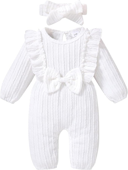 Happy Town Baby Girl Romper Infant Fall Winter Clothes Ruffle Sweater Long Sleeve Bodysuit Jumpsuit and Headband