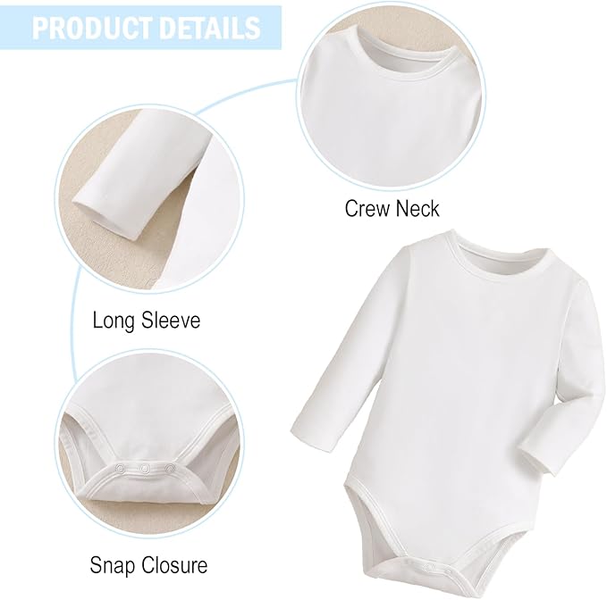 ROMPERINBOX Long Sleeve Onsies Girl 3 Pack Knitted Solid Baby Crew Neck Bodysuit Multicolors 0-24 Months
