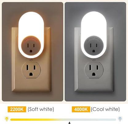 Dawnrise Night Lights Plug Into Wall,Dusk to Dawn Sensor Night Light with Power Outlet,CCT 2200K/4000K,5/20LM Adjustable Brightness for Bedroom,Kitchen,Living Room,Office (4 PK)