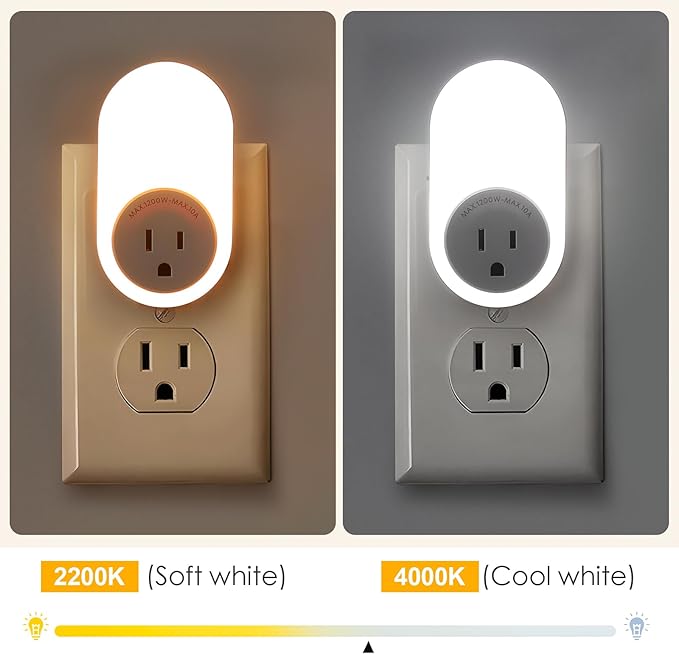 Dawnrise Night Lights Plug Into Wall, Dusk to Dawn Sensor Night Light with Power Outlet, CCT 2200K or 4000K, 5Lm or 20Lm Adjustable Brightness for Bedroom, Kitchen, Living Room, Office, 2PK