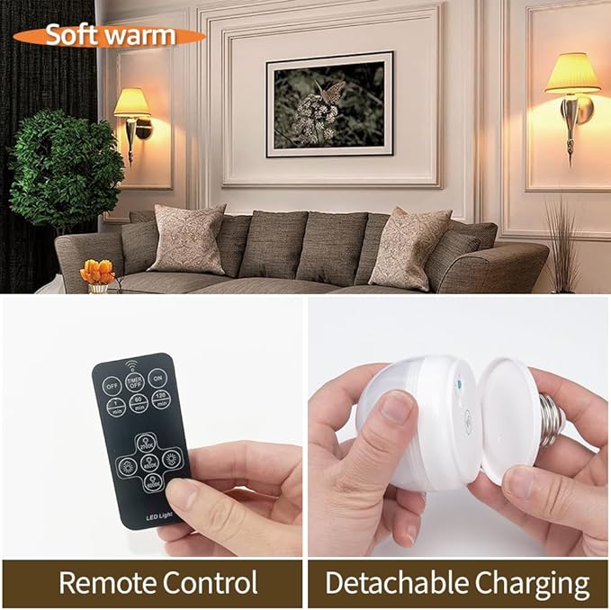 BLUEYE Rechargeable Light Bulbs,7W,Remote Control,Soft Warm 2700K-6000K,50W Equiv.,450Lumens,Flicker-free,E26 Detachable Charging(E12 available),Battery Operated Emergency Lamp for Non-Hardwired,1Pack