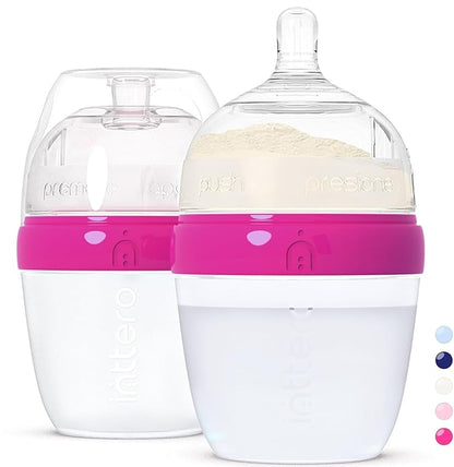 INTTERO Baby Bottles with Built-in Formula Dispenser, Anti-Colic Wide Neck Design for Newborn Feeding and Everyday Baby Essentials, 6 Oz Slow Flow (2 Pack), Deep Magenta