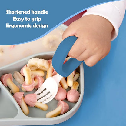 Baby Self Feeding Training Spoon and Fork Set with Travel Case, BPA-Free Cute Circle Toddler Training Utensils, Silicone/ABS Great Tableware Set Spoons Fork for Kids (Blue)