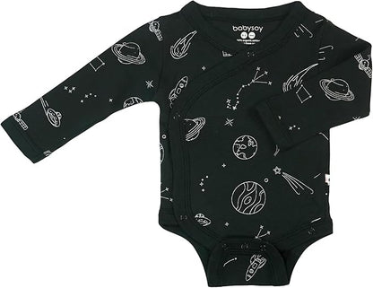 Babysoy Organic Baby Newborn Long Sleeve Pattern Kimono Wrap Around Side Snap Bodysuit/Onesie for Unisex Infants