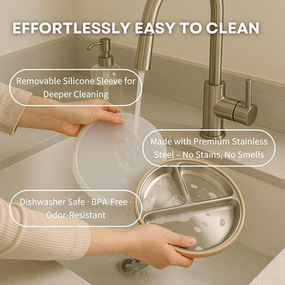 Karefree Children’s Minimalist Stainless Steel Suction Plate with Lid – 3-Section, BPA-Free, Food Grade Silicone, Easy Clean, Perfect for Toddlers & Baby Led Weaning (2, Blush Pink and Beige)