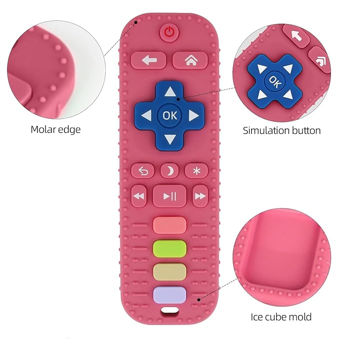 Fu Store Silicone Teething Toys for Infant Toddlers, Remote Control Shape Teethers for Babies Chew Toys, Relief Soothe Babies Gums Set, BPA Free Freezable Dishwasher and Refrigerator Safe (Rose Pink)