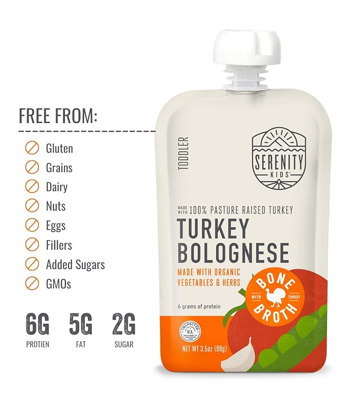 Serenity Kids Toddler Food Pouch Puree - Turkey Bolognese - Protein-Rich Bone Broth Blend - Organic Veggie Pouch for Toddler Snacks - BPA-Free Turkey Broth Puree - 3.5 Oz, 6 Pack