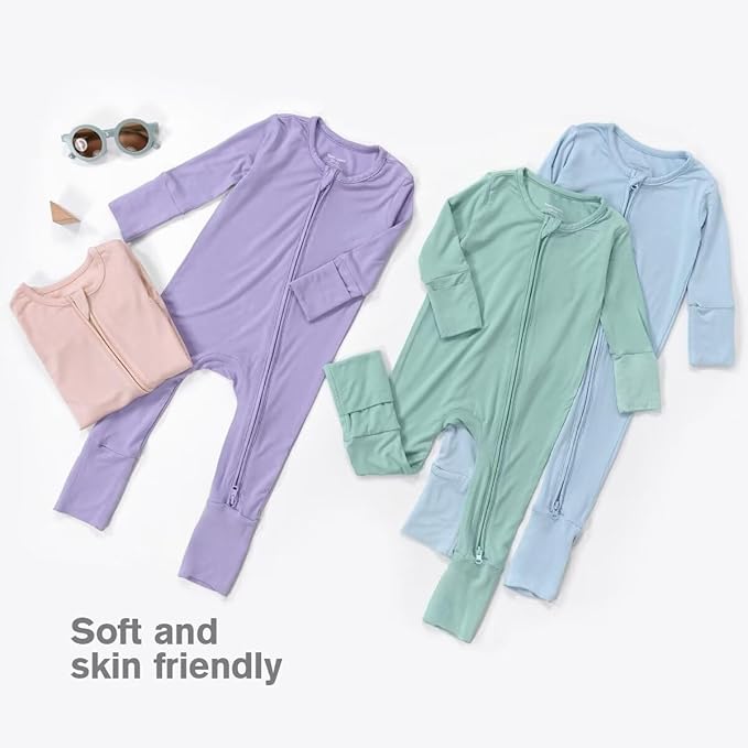 Teach Leanbh Unisex Baby 2 Pack Bamboo Viscose Pajamas with Mittens and Feet Cuffs 2 Way Zipper Long Sleeve Romper