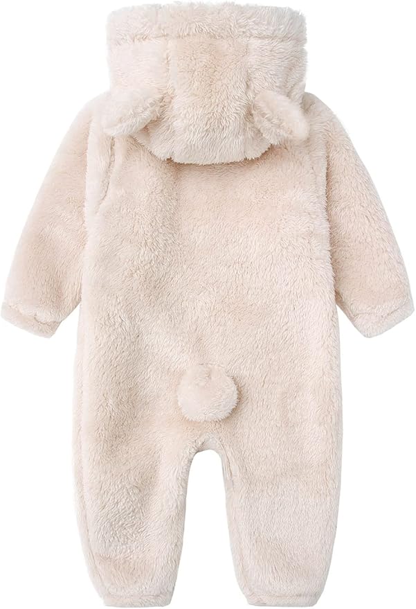 Baby Furry Jumpsuit Infant Bear Onesies Zipper Long Sleeve One-Piece Romper Hoodie Baby Outwear Snowsuit