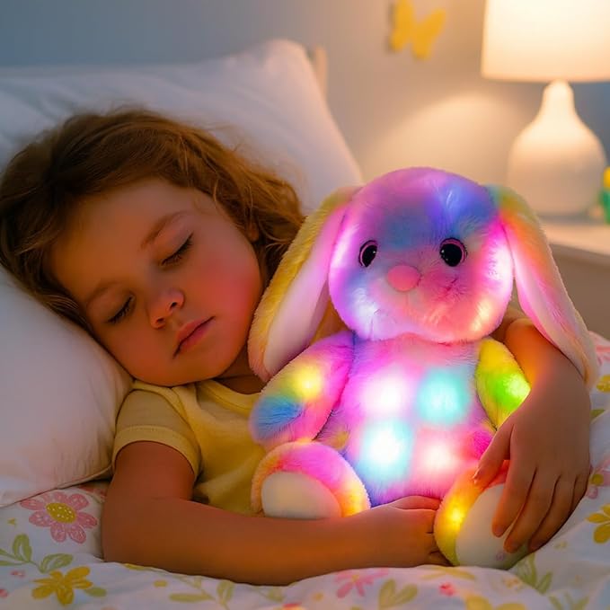 Hopearl LED Plush Bunny Colorful Lighting Up Stuffed Animal Rabbit Floppy Night Lights Glow in The Dark Birthday Festival for Kids Toddler Girls, Rainbow, 10''