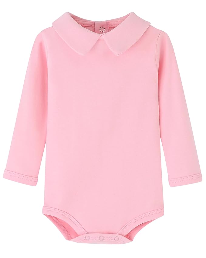 Teach Leanbh Infant Baby Polo Bodysuit Cotton Long Sleeve Pure Color Shirt 3-24 Months (Pink/Peter Pan Collar, 12Months)