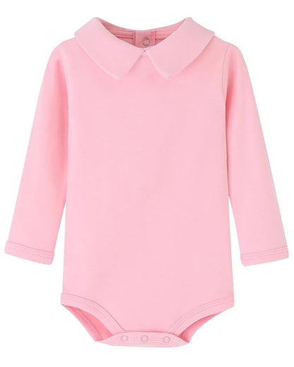 Teach Leanbh Infant Baby Polo Bodysuit Cotton Long Sleeve Pure Color Shirt 3-24 Months (Pink/Peter Pan Collar, 12Months)