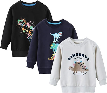BeiVSlley Toddler Boys 3 Pack Cotton Pullover Crewneck Sweatshirt Long Sleeve Cartoon Shirt Sweaters Tops