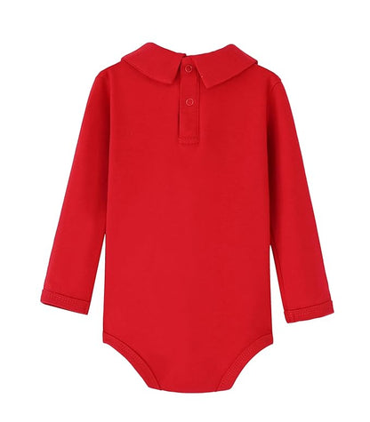 Teach Leanbh Infant Baby Polo Bodysuit Cotton Long Sleeve Pure Color Shirt 3-24 Months (Red/Peter Pan Collar, 3 Months)