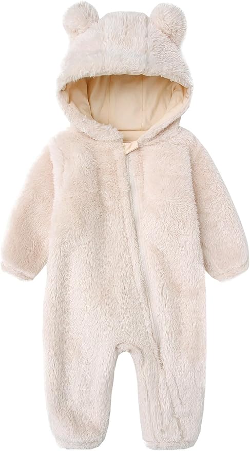 Baby Furry Jumpsuit Infant Bear Onesies Zipper Long Sleeve One-Piece Romper Hoodie Baby Outwear Snowsuit