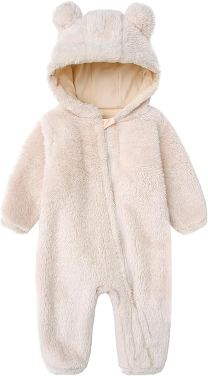 Baby Furry Jumpsuit Infant Bear Onesies Zipper Long Sleeve One-Piece Romper Hoodie Baby Outwear Snowsuit