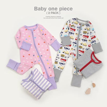 Teach Leanbh Unisex Baby 2 Pack Cotton Pajamas with Mittens and Feet Cuffs 2 Way Zipper Long Sleeve Romper Sleep and Play