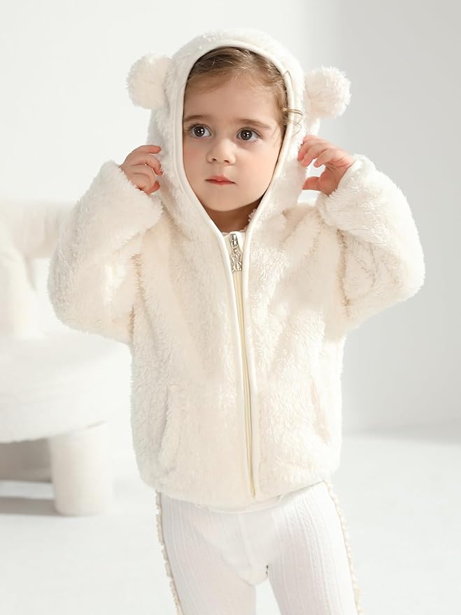 Baby Toddler Boys Girls Fleece Jacket with Hood Zip Up Cute Bear Coats for Infant Boys Girls Fuzzy Jacket with Ear 1-5T