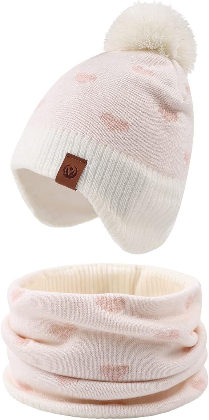 JANGANNSA Knitted Baby Hat Scarf Set Winter Warm Boys Girls Beanie Fleece Lining Toddler Kids Hats with Pompom